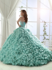Cheap Puffy Skirt Brush Train Beaded Champagne Quinceanera Gown in Rolling Flowers