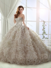Cheap Puffy Skirt Brush Train Beaded Champagne Quinceanera Gown in Rolling Flowers