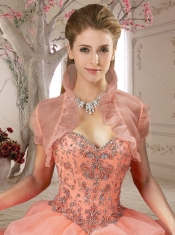 Customized Bubble and Beasded Orange Red Sweet Sixteen Quinceanera Dress with Sweep Train