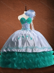 Elegant Embroidered and Patterned Organza and Taffeta Quinceanera Dress in Turquoise and White