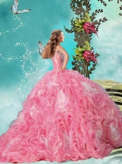 Gorgeous Rose Pink Brush Train Quinceanera Dress in Rolling Flowers