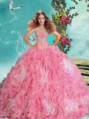 Gorgeous Rose Pink Brush Train Quinceanera Dress in Rolling Flowers