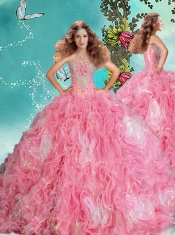 Gorgeous Rose Pink Brush Train Quinceanera Dress in Rolling Flowers