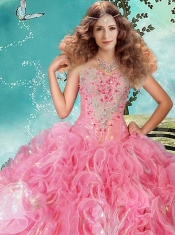 Gorgeous Rose Pink Brush Train Quinceanera Dress in Rolling Flowers