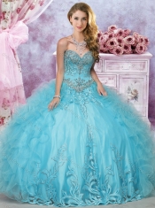Hot Sale Beaded and Ruffled Organza Quinceanera Dress in Aqua Blue