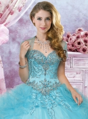 Hot Sale Beaded and Ruffled Organza Quinceanera Dress in Aqua Blue