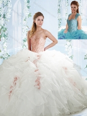 Lovely Beaded and Ruffled White Detachable Quinceanera Dresses in Organza