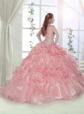 Modest Beaded and Ruffled Layered Baby Pink Sweet 15 Quinceanera  Dress with Brush Train