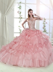 Modest Beaded and Ruffled Layered Baby Pink Sweet 15 Quinceanera  Dress with Brush Train
