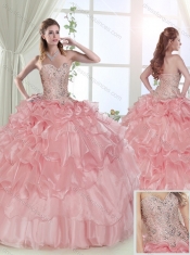Modest Beaded and Ruffled Layered Baby Pink Sweet 15 Quinceanera Dress with Brush Train