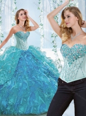 Popular Big Puffy Blue Detachable Sweet 16 Quinceanera Dress with Ruffles and Beading