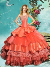 Pretty Beaded One Shoulder Rust Red Quinceanera Dress with Brush Train