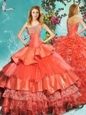 Pretty Beaded One Shoulder Rust Red Quinceanera Dress with Brush Train