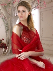 See Through Halter Top Champagne Open Back Sweet 16 Quinceanera Dress with Beading and Ruffles