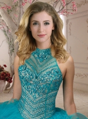 See Through Halter Top Champagne Open Back Sweet 16 Quinceanera Dress with Beading and Ruffles