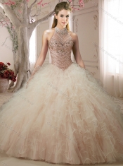 See Through Halter Top Champagne Open Back Sweet 16 Quinceanera Dress with Beading and Ruffles