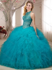 See Through Halter Top Champagne Open Back Sweet 16 Quinceanera Dress with Beading and Ruffles