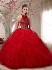 See Through Halter Top Champagne Open Back Sweet 16 Quinceanera Dress with Beading and Ruffles