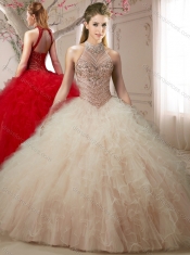 See Through Halter Top Champagne Open Back Sweet 16 Quinceanera Dress with Beading and Ruffles