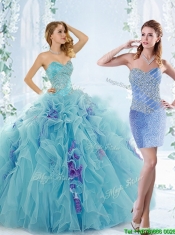 2016 Classical Aque Blue Detachable Quinceanera Gowns with Beading and Ruffles