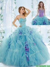 2016 Classical Aque Blue Detachable Quinceanera Gowns with Beading and Ruffles