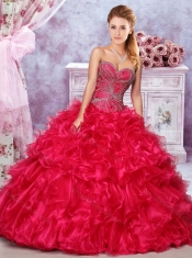 2016 Elegant Beaded and Ruffled Red  Discount Quinceanera Dresses in Organza