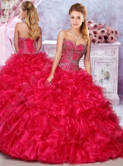 2016 Elegant Beaded and Ruffled Red Discount Quinceanera Dresses in Organza