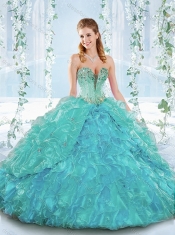Beaded and Ruffled Organza  Discount Quinceanera Dresses with Deep V Neckline