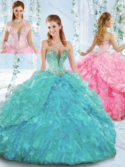 Beaded and Ruffled Organza  Discount Quinceanera Dresses with Deep V Neckline