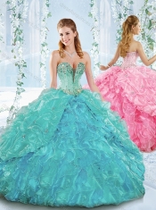 Beaded and Ruffled Organza  Discount Quinceanera Dresses with Deep V Neckline