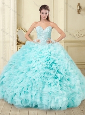 Beaded Beaded and Ruffled Aque Blue 15th Birthday Dresses in Tulle