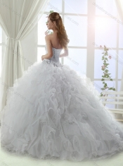 Beautiful Beaded and Ruffled Organza White Discount Quinceanera Dresses with Brush Train