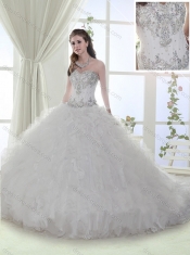 Beautiful Beaded and Ruffled Organza White Discount Quinceanera Dresses with Brush Train