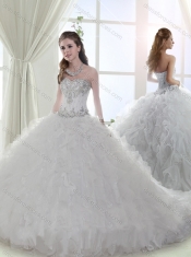 Beautiful Beaded and Ruffled Organza White Discount Quinceanera Dresses with Brush Train