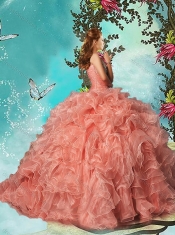 Beautiful Brush Train Beaded and Ruffled Quinceanera Gown in Organza