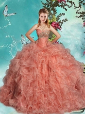 Beautiful Brush Train Beaded and Ruffled Quinceanera Gown in Organza