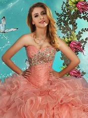 Beautiful Brush Train Beaded and Ruffled Quinceanera Gown in Organza
