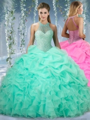 Beautiful Halter Top Beaded and Ruffled Sweet 16 Gown in Mint