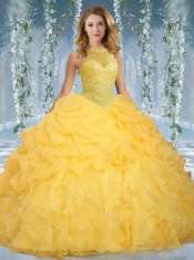 Beautiful Halter Top Beaded and Ruffled Sweet 16 Gown in Mint