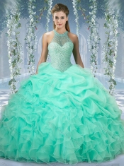 Beautiful Halter Top Beaded and Ruffled Sweet 16 Gown in Mint