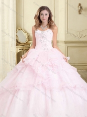 Beautiful Organza Baby Pink Quinceanera Dress with Appliques and Ruffles
