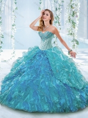 Beautiful Organza Blue Detachable Quinceanera Dresses with Ruffles and Beading