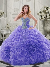 Best Puffy Skirt Beaded and Ruffled Lavender Discount Quinceanera Dresses in Organz