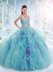 Cheap Beaded Bodice and Ruffled Detachable Quinceanera dresses in Aquamarine