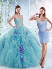 Cheap Beaded Bodice and Ruffled Detachable Quinceanera dresses in Aquamarine