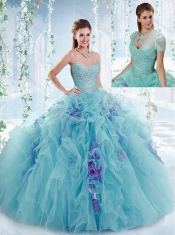 Cheap Beaded Bodice and Ruffled Detachable Quinceanera dresses in Aquamarine