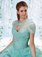 Cheap Beaded Bodice and Ruffled Detachable Quinceanera dresses in Aquamarine