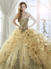 Cheap Organza Beaded and Ruffled Discount Quinceanera Dresses with Brush Train