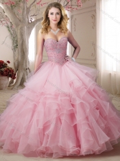 Cheap Really Puffy Beaded and Ruffled Baby Pink Quinceanera Dress