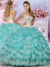 Classical Applique and Ruffled Quinceanera Dress in Champagne and Aqua Blue